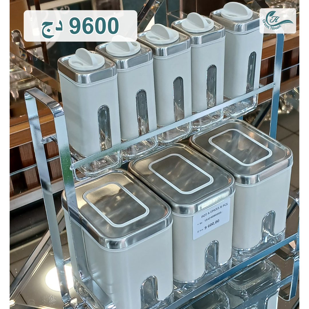 Luxury White Spice Jar Set with Glass Containers & Stainless Steel Rack (8-Piece)