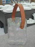Iridescent Wavy Glass Bucket Vase with Leather Handle