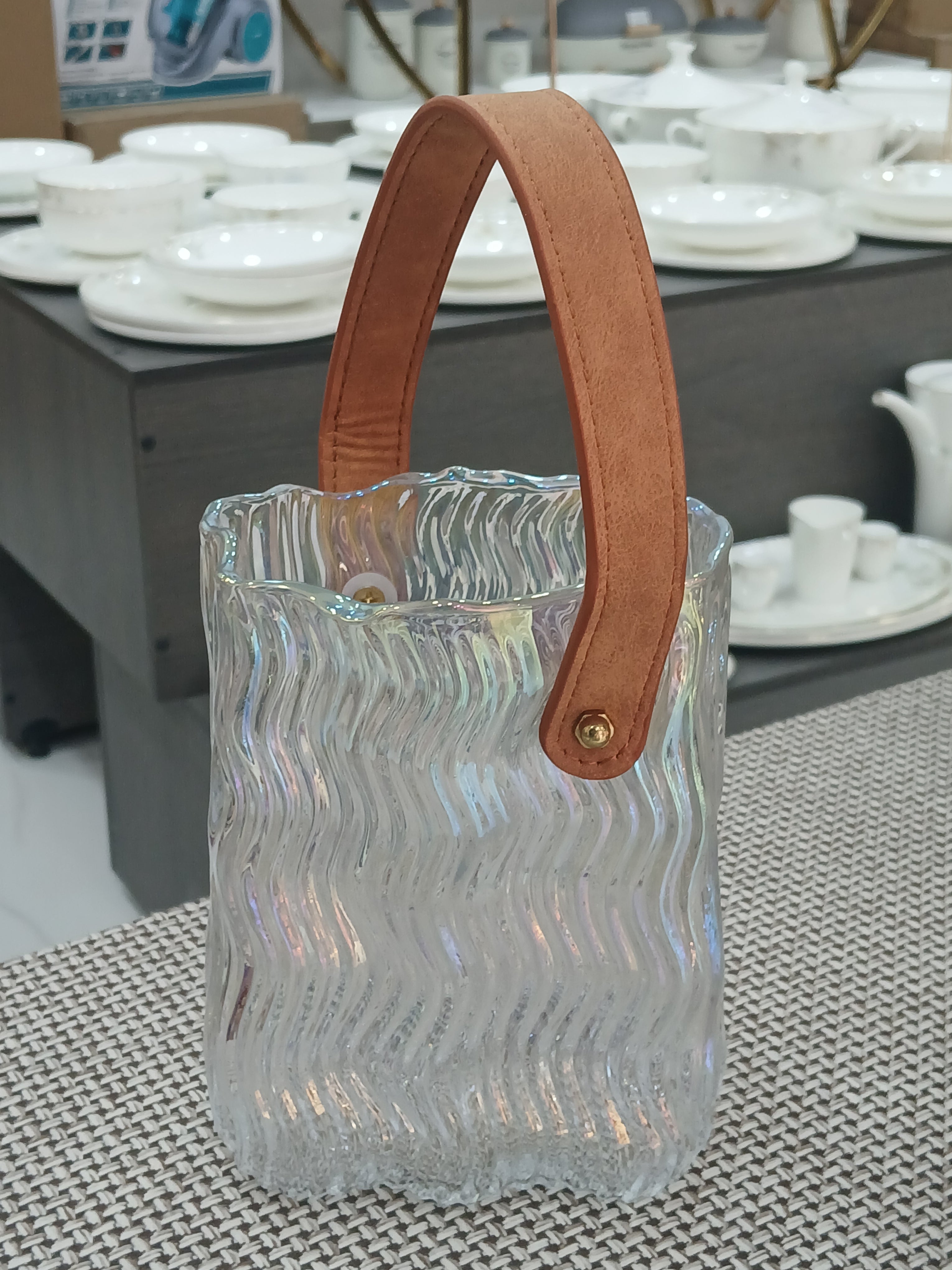 Iridescent Wavy Glass Bucket Vase with Leather Handle