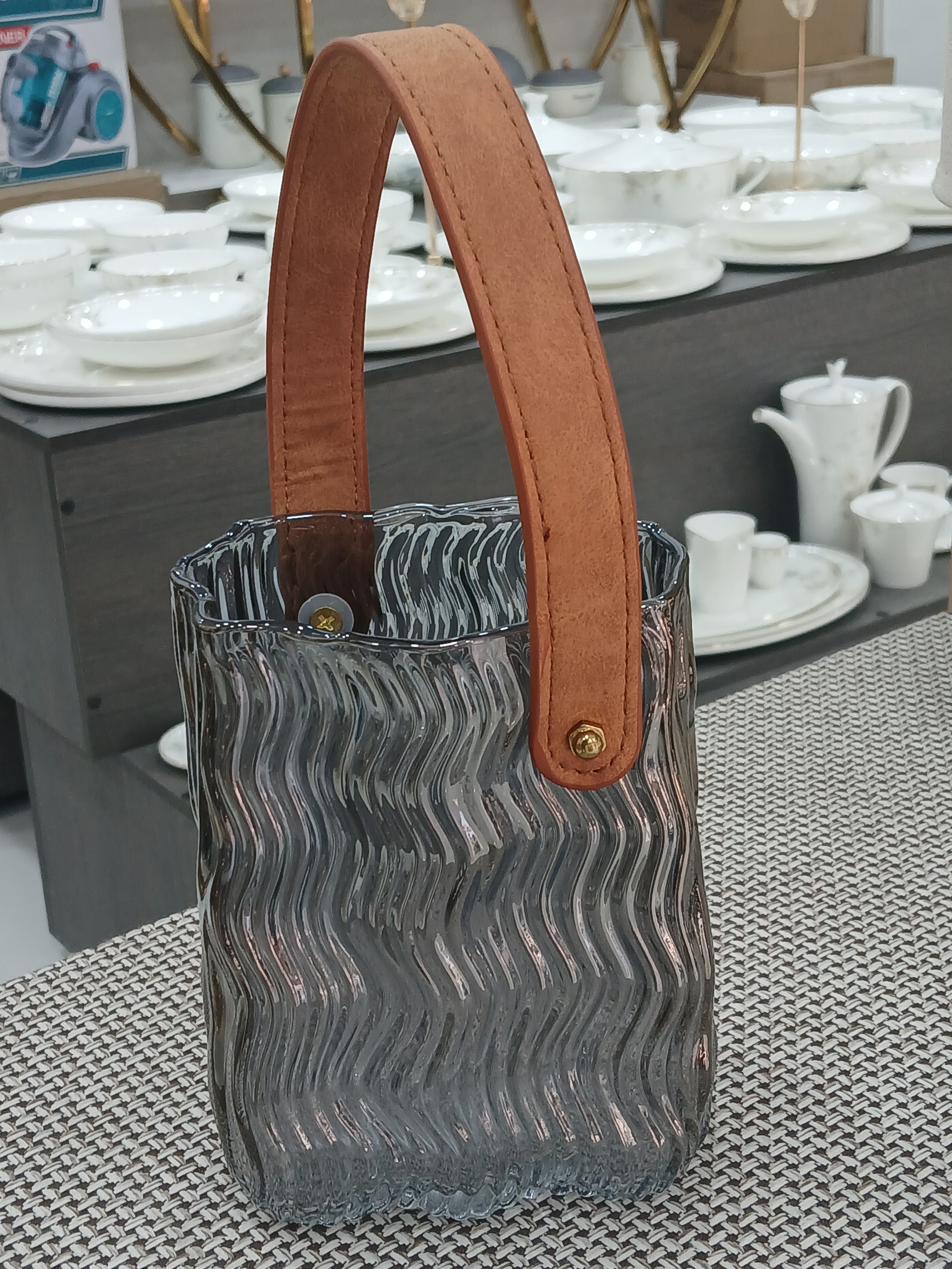 Iridescent Wavy Glass Bucket Vase with Leather Handle