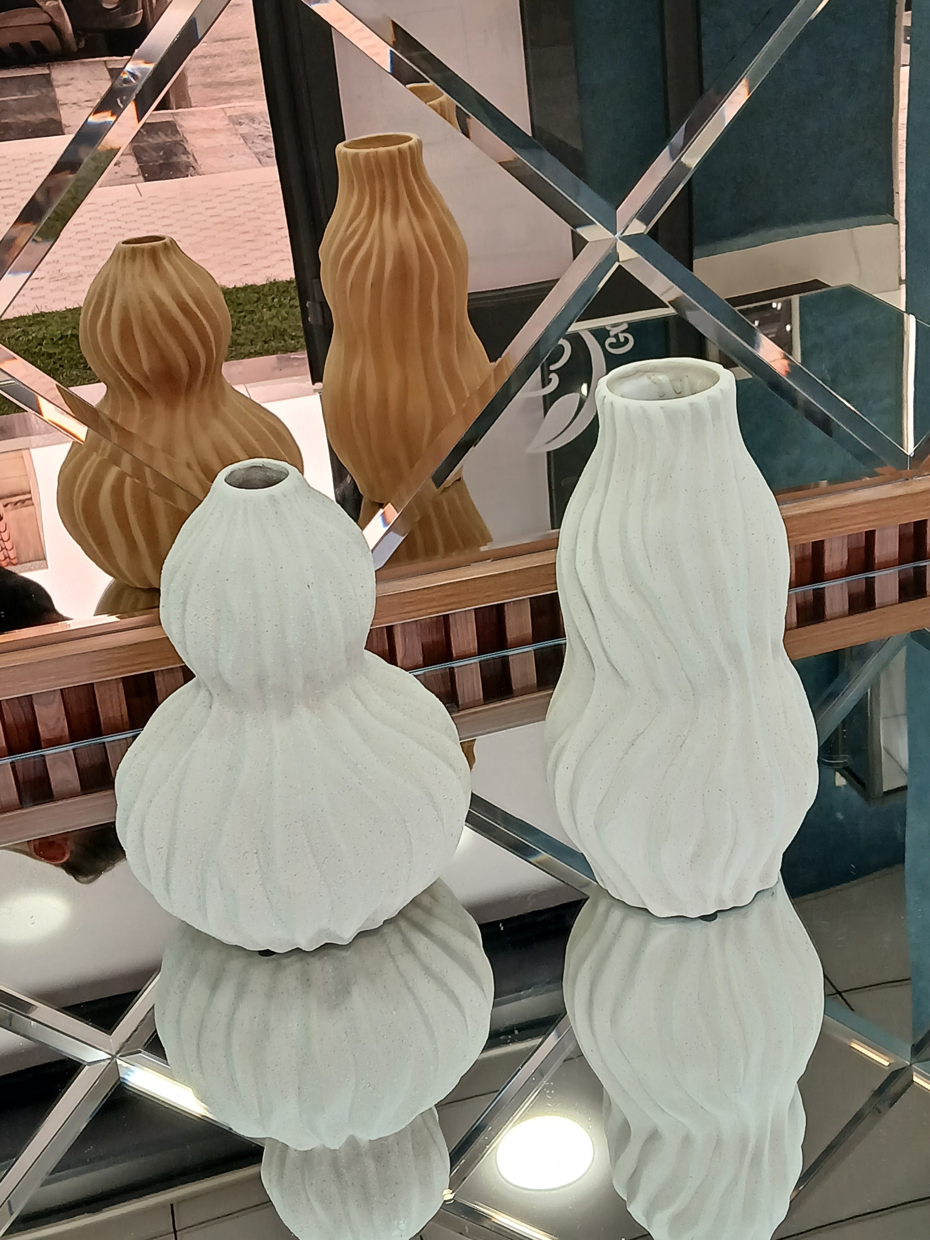 Wavy Ceramic Decorative Vase Set – White & Beige