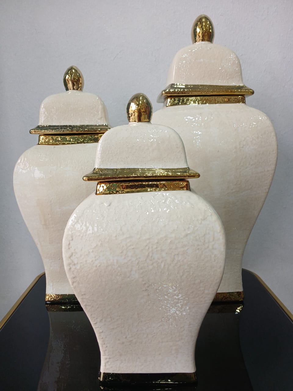 Luxury Pearl White Decorative Jar Set with Gold Lids