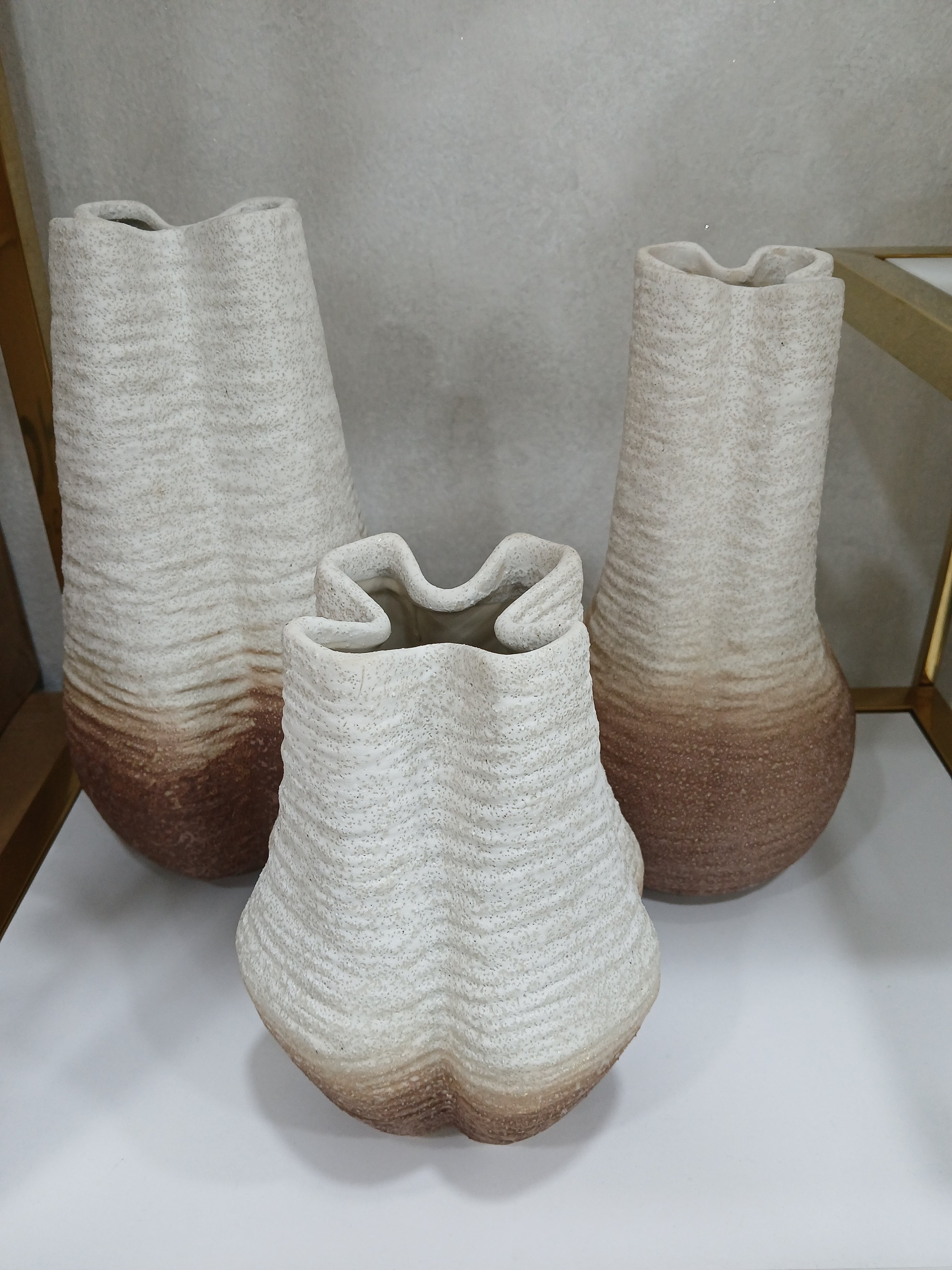 Natural Textured Ceramic Decorative Vase Set – White & Brown